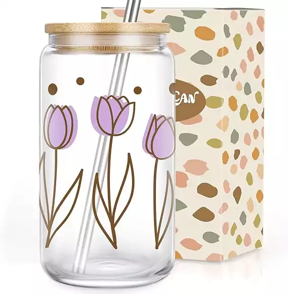 Coolife Purple Tulip Iced Coffee Cup, Tulips Flower Cup - 16 oz Glass Cups w/Bamboo Lids Straws, Floral Glass Tumbler w/Straw Lid - Aesthetic Christmas, Birthday Gifts for Women Mom Friends